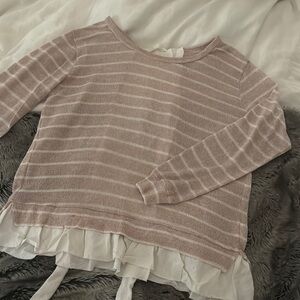 Pink and White Striped Sweater with Ruffle Hem